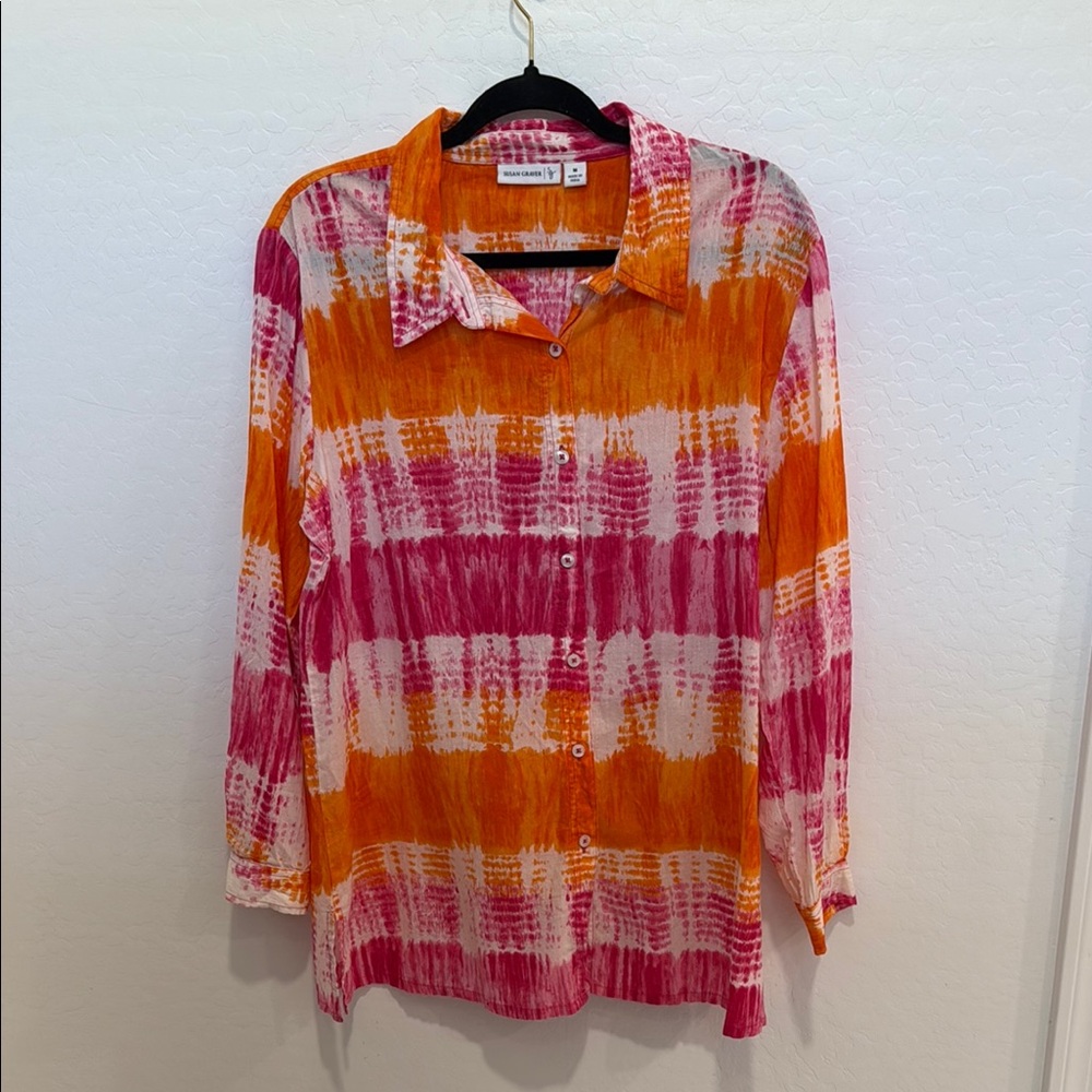Susan Graver Orange and Pink Notched Collar Button Down Shirt